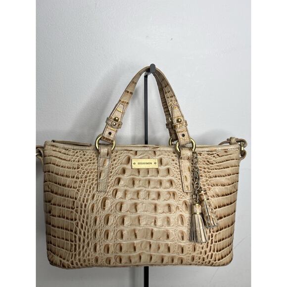 Brahmin Handbag Satchel Leather Beige Tan Shoulder Bag Double Handle - Picture 1 of 16